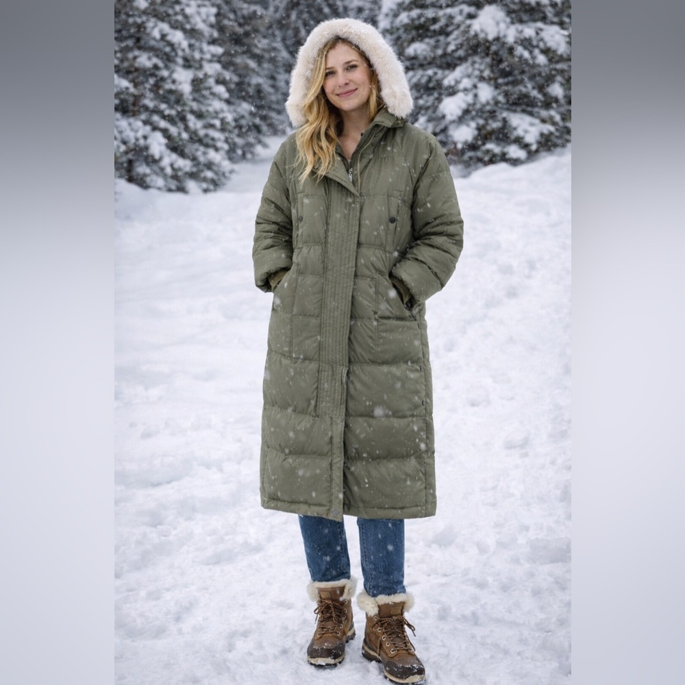 Olive Long Puffer Coat with Faux Fur Hood - Women